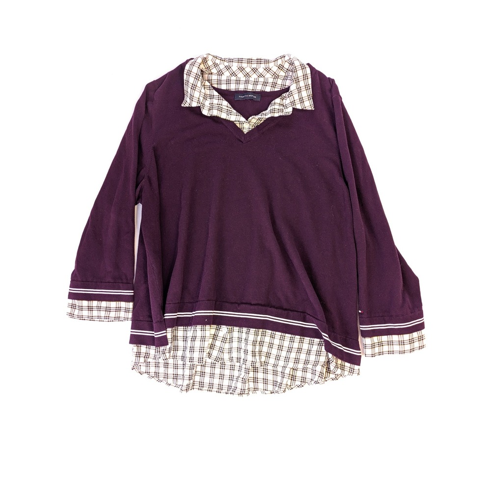 Tommy Hilfiger Womens Layered Look Plaid Hem Sweater Top Purple Size L